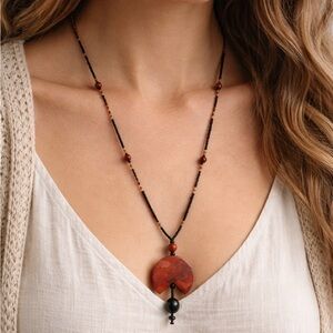 Handmade Long Beaded Necklace with Red Jasper Pendant